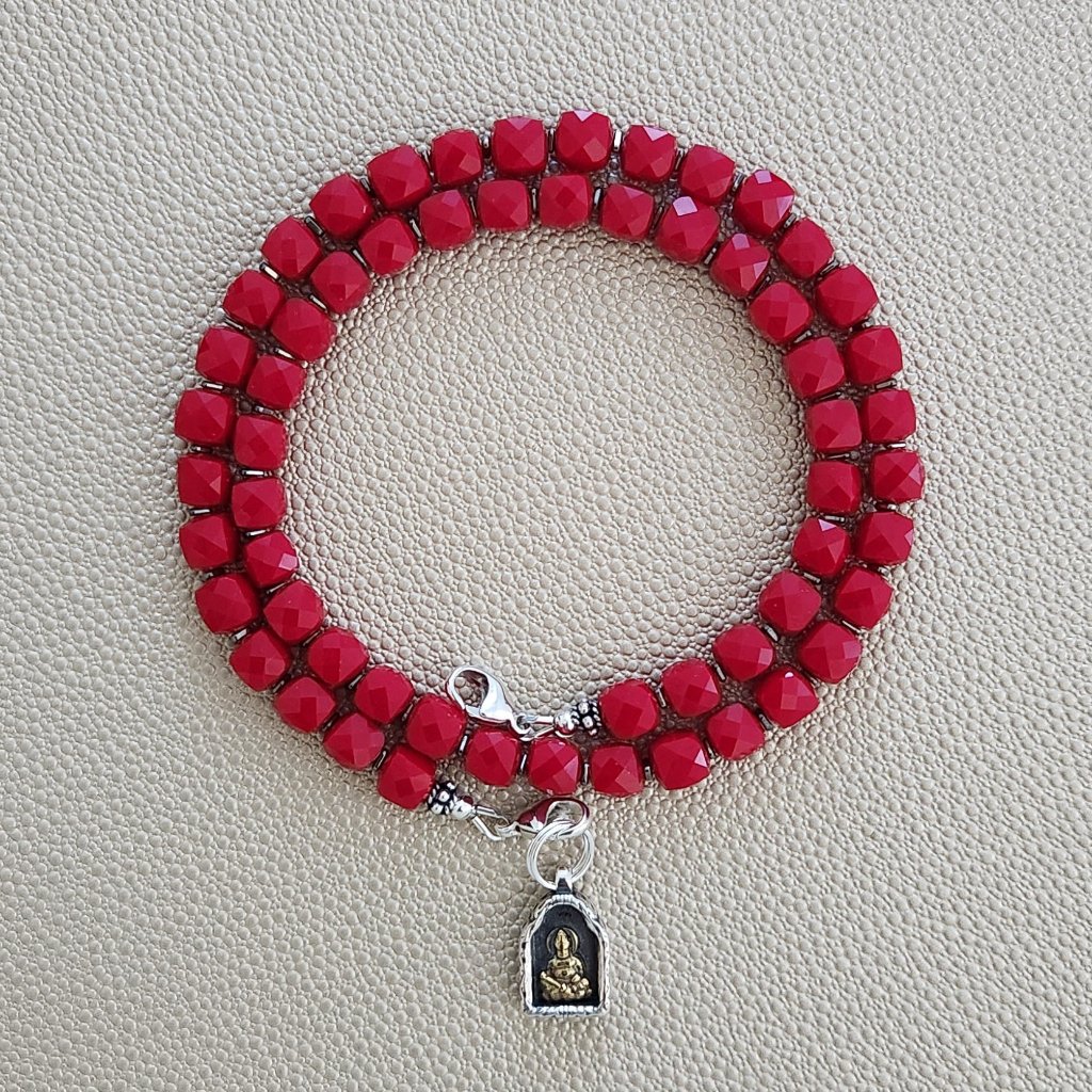 Red Cube Jade Necklace W/ Mini 925 Buddha Amulet--18